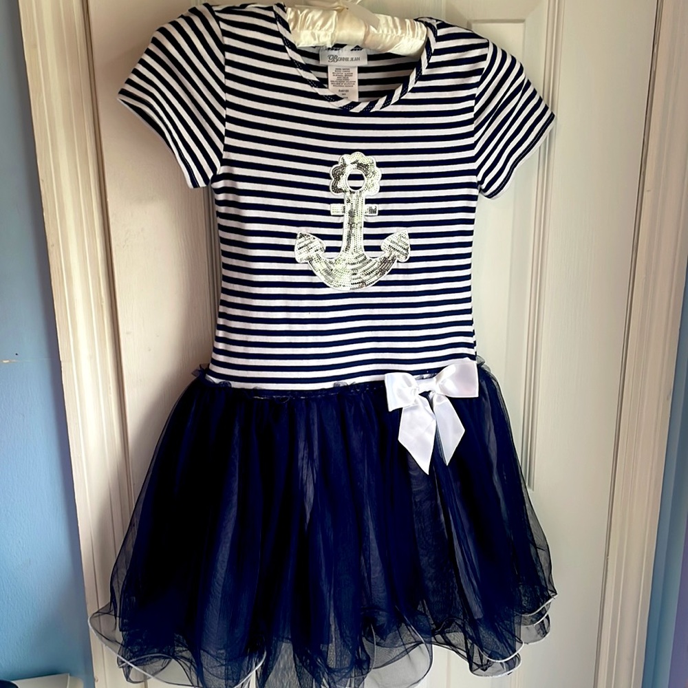 GIRLS BONNIE JEAN SAILOR DRESS with SEQUIN ANCHOR AND TUTU SKIRT